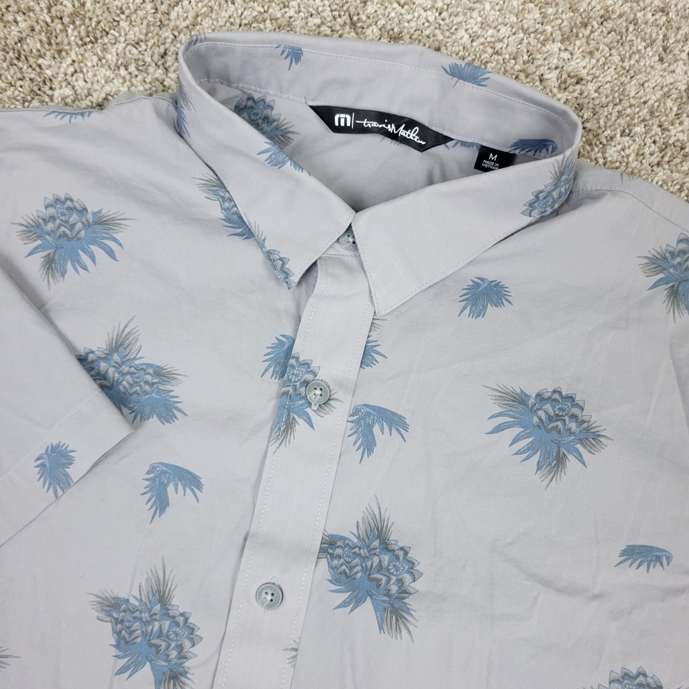 Travis Mathew Mens Medium Gray AOP Floral Performance Stretch Button Down SS